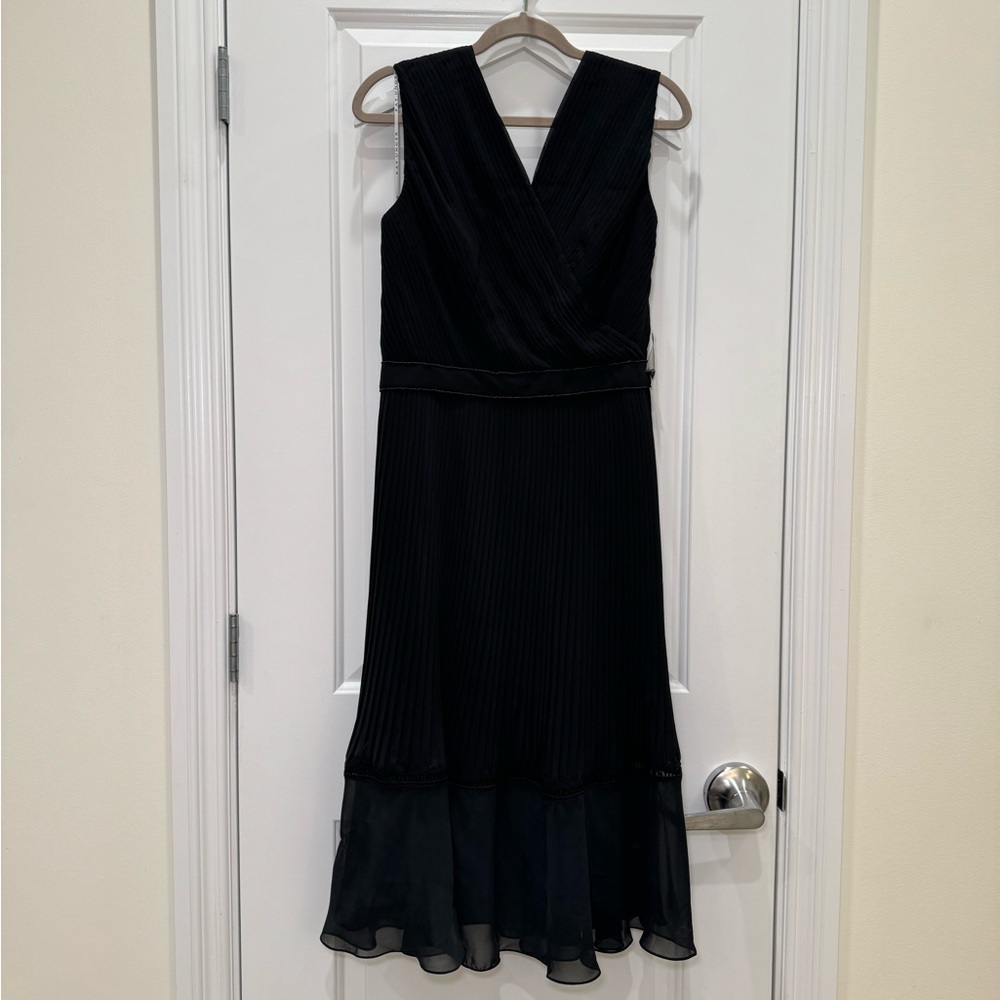 NWT Kay Unger Beaded Pleated V Neck Cocktail Party Event Midi Dress Black 10